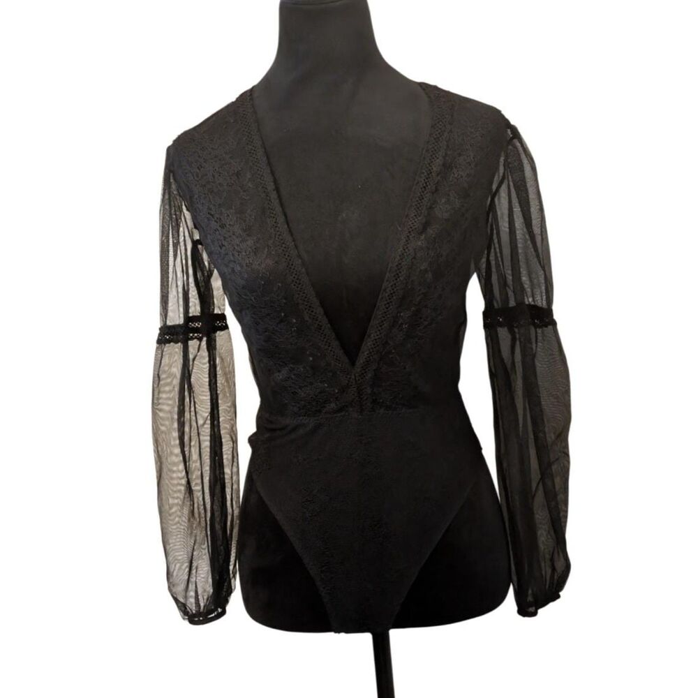 Victoria's Secret Goth Dark Coquette Lace Mesh Plunge Bodysuit, Size Small